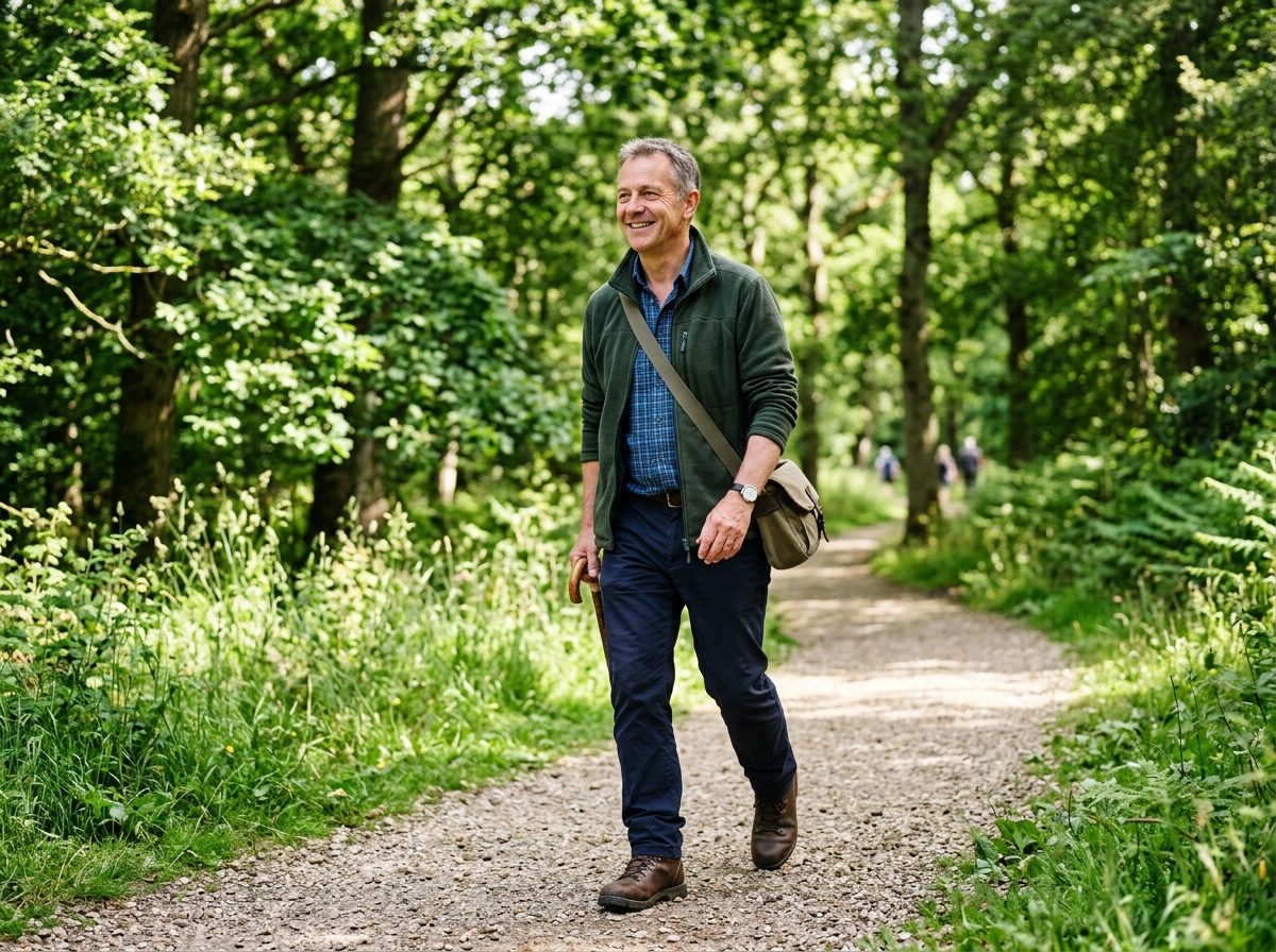 Active healthy mature British man enjoying an outdoor walk in the countryside